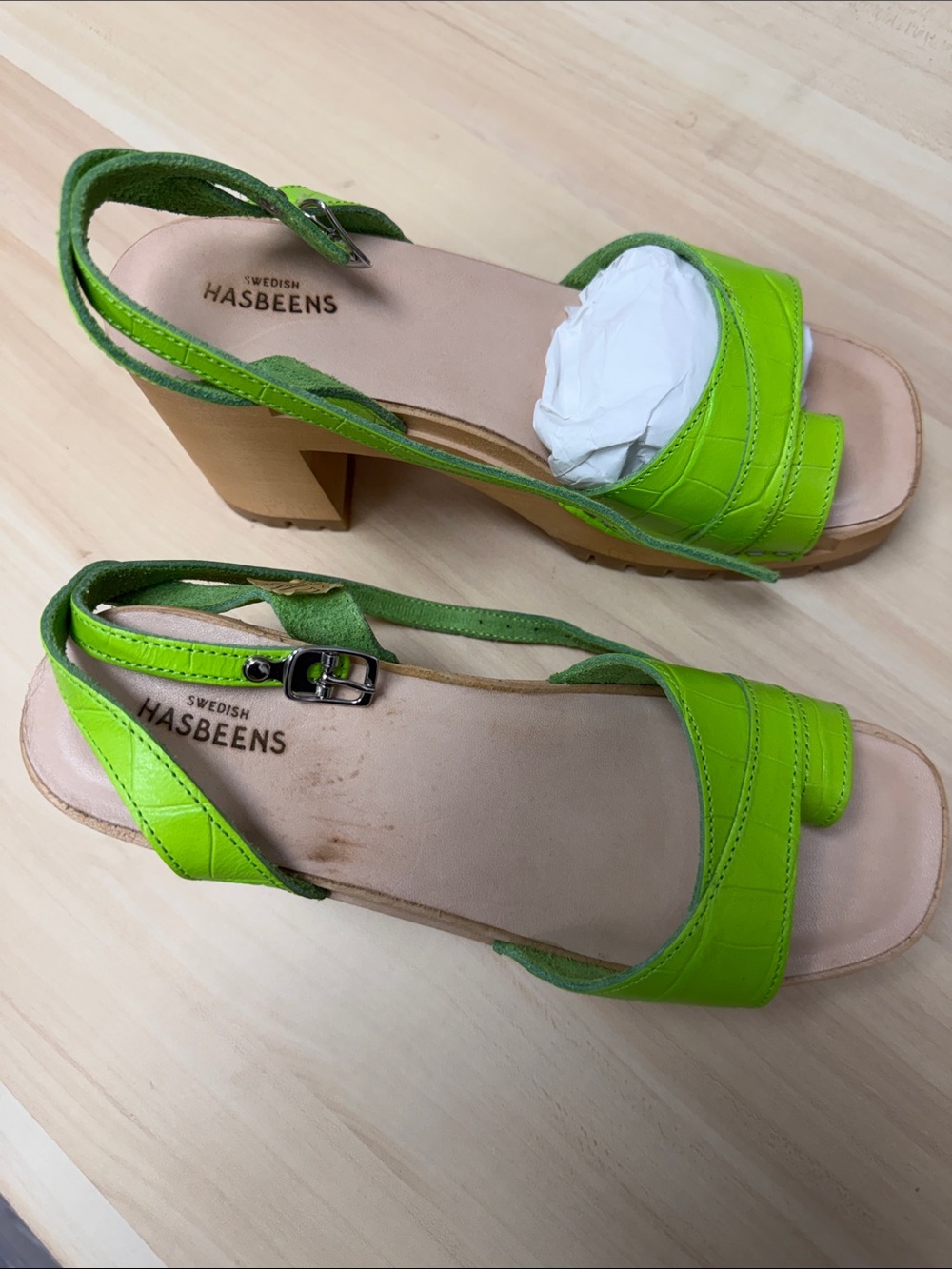 Swedish Hasbeens Neon Green Leather Block Heel Sandals